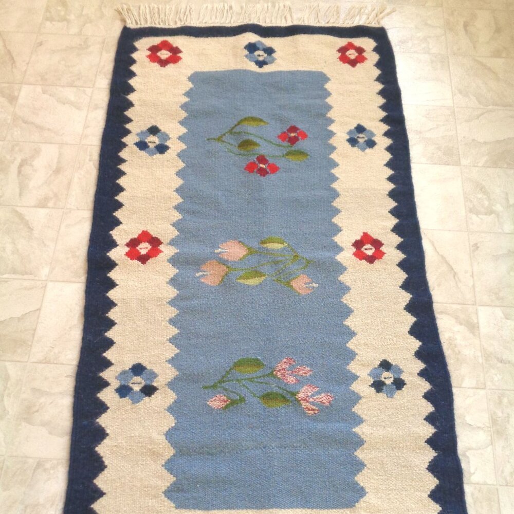 Handmade Wool Rug Flat Weave From Romania Floral Blue, Pink Tulips 26"x50"